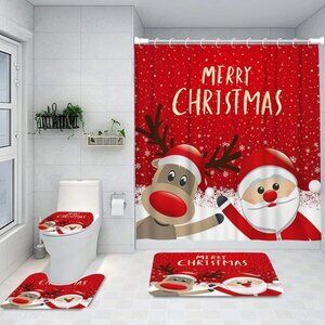 NEW 4 Piece Christmas Bathroom Set Santa and Reindeer Shower Curtain 72" x 72"